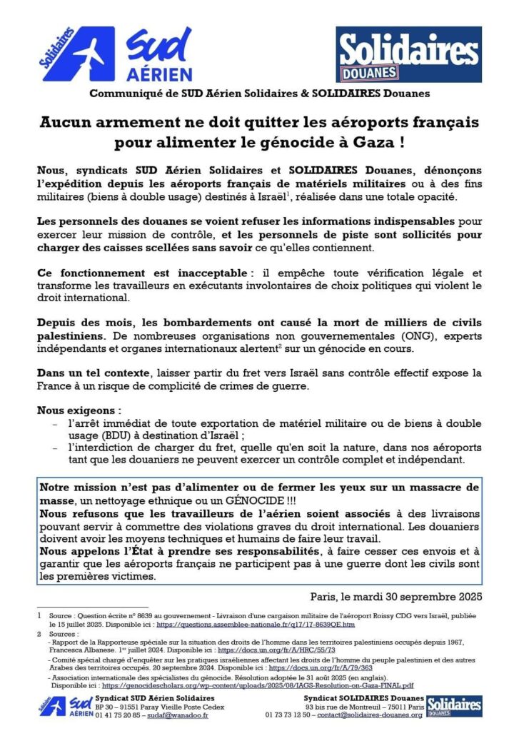 Communiqué de Sud Aérien et de Solidaires Douanes